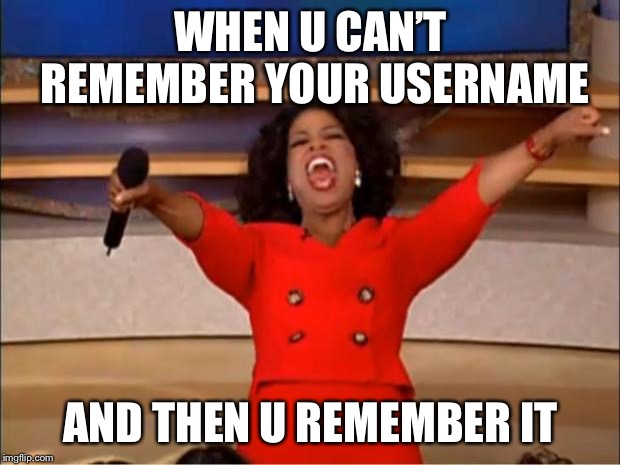 Oprah You Get A | WHEN U CAN’T REMEMBER YOUR USERNAME; AND THEN U REMEMBER IT | image tagged in memes,oprah you get a | made w/ Imgflip meme maker