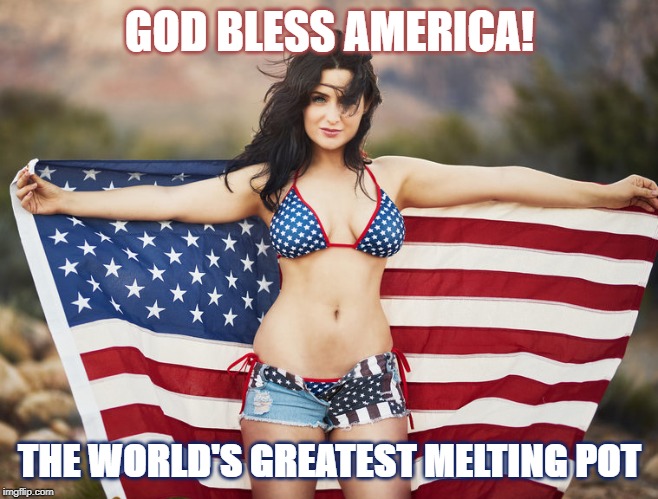 American woman | GOD BLESS AMERICA! THE WORLD'S GREATEST MELTING POT | image tagged in american woman | made w/ Imgflip meme maker