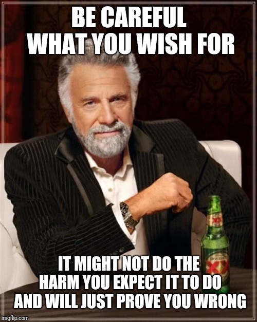 The Most Interesting Man In The World Meme | BE CAREFUL WHAT YOU WISH FOR IT MIGHT NOT DO THE HARM YOU EXPECT IT TO DO AND WILL JUST PROVE YOU WRONG | image tagged in memes,the most interesting man in the world | made w/ Imgflip meme maker