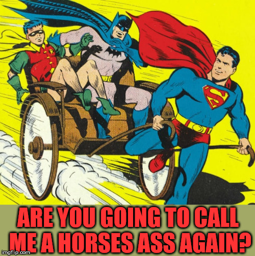 superman like his revenge | ARE YOU GOING TO CALL ME A HORSES ASS AGAIN? | image tagged in superman,batman,robin,superheroes | made w/ Imgflip meme maker
