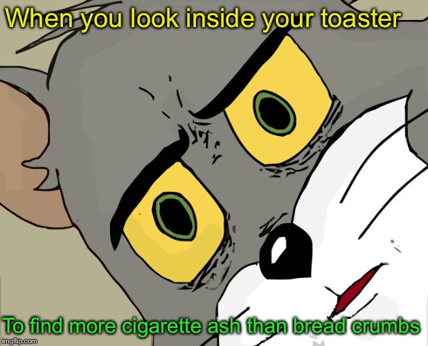 When you lose your lighter | When you look inside your toaster; To find more cigarette ash than bread crumbs | image tagged in memes,unsettled tom | made w/ Imgflip meme maker
