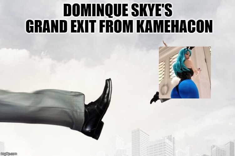 Dominque Skye Gets The Boot | DOMINQUE SKYE'S GRAND EXIT FROM KAMEHACON | image tagged in dominque skye,begone thot,kamehacon,animegate,weebwars,haha | made w/ Imgflip meme maker