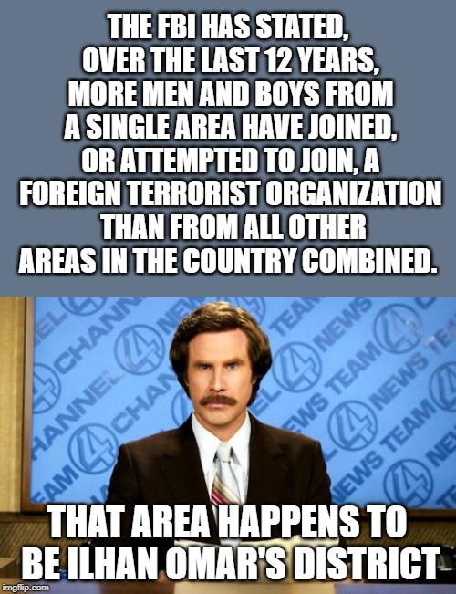 Coincidence? Maybe? | THE FBI HAS STATED, OVER THE LAST 12 YEARS, MORE MEN AND BOYS FROM A SINGLE AREA HAVE JOINED, OR ATTEMPTED TO JOIN, A FOREIGN TERRORIST ORGANIZATION  THAN FROM ALL OTHER AREAS IN THE COUNTRY COMBINED. THAT AREA HAPPENS TO BE ILHAN OMAR'S DISTRICT | image tagged in breaking news | made w/ Imgflip meme maker