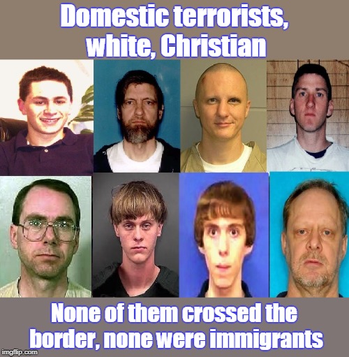 Terrorists come in all colors and all religions | Domestic terrorists, white, Christian; None of them crossed the border, none were immigrants | image tagged in domestic terrorists,white,christian,killed hundreds,not immigrants,didn't cross the border | made w/ Imgflip meme maker