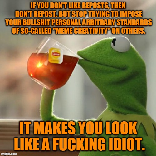 This goes for users and mods alike. | IF YOU DON'T LIKE REPOSTS, THEN DON'T REPOST. BUT STOP TRYING TO IMPOSE YOUR BULLSHIT PERSONAL ARBITRARY STANDARDS OF SO-CALLED "MEME CREATIVITY" ON OTHERS. IT MAKES YOU LOOK LIKE A FUCKING IDIOT. | image tagged in memes,but thats none of my business,kermit the frog,imgflip,reposts,reposts are awesome | made w/ Imgflip meme maker
