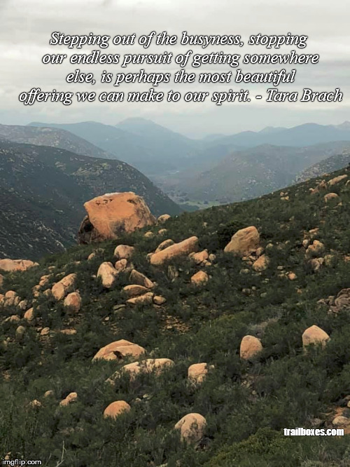 Out of the rat race | Stepping out of the busyness, stopping our endless pursuit of getting somewhere else, is perhaps the most beautiful offering we can make to our spirit. - Tara Brach; trailboxes.com | image tagged in hiking,outdoors,mountains | made w/ Imgflip meme maker