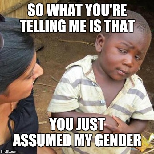 Third World Skeptical Kid Meme | SO WHAT YOU'RE TELLING ME IS THAT YOU JUST ASSUMED MY GENDER | image tagged in memes,third world skeptical kid | made w/ Imgflip meme maker