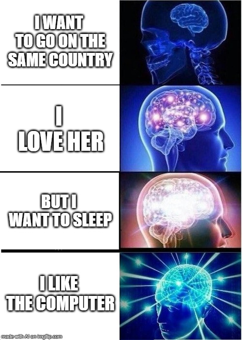 A.I. stream of thought. | I WANT TO GO ON THE SAME COUNTRY; I LOVE HER; BUT I WANT TO SLEEP; I LIKE THE COMPUTER | image tagged in memes,expanding brain,ai meme,computer,sleep | made w/ Imgflip meme maker