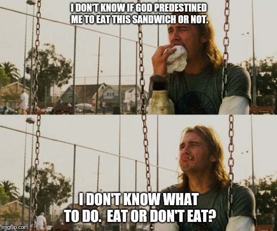 First World Stoner Problems Meme | I DON'T KNOW IF GOD PREDESTINED ME TO EAT THIS SANDWICH OR NOT. I DON'T KNOW WHAT TO DO.  EAT OR DON'T EAT? | image tagged in memes,first world stoner problems | made w/ Imgflip meme maker