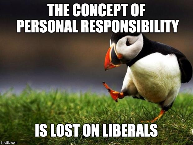 Unpopular Opinion Puffin Meme | THE CONCEPT OF PERSONAL RESPONSIBILITY IS LOST ON LIBERALS | image tagged in memes,unpopular opinion puffin | made w/ Imgflip meme maker