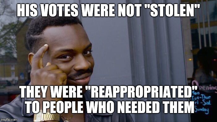 Roll Safe Think About It Meme | HIS VOTES WERE NOT "STOLEN" THEY WERE "REAPPROPRIATED" TO PEOPLE WHO NEEDED THEM | image tagged in memes,roll safe think about it | made w/ Imgflip meme maker
