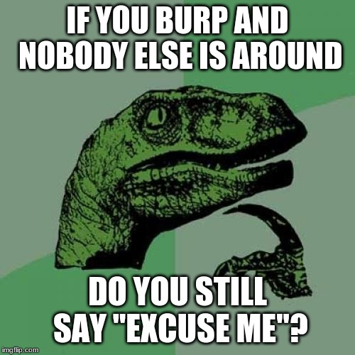 I mean, it would just seem pointless. | IF YOU BURP AND NOBODY ELSE IS AROUND; DO YOU STILL SAY "EXCUSE ME"? | image tagged in memes,philosoraptor,burp,manners | made w/ Imgflip meme maker