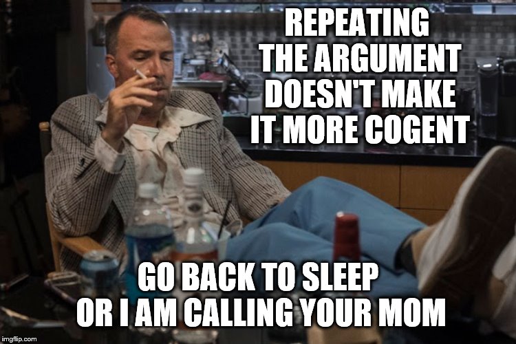 REPEATING THE ARGUMENT DOESN'T MAKE IT MORE COGENT GO BACK TO SLEEP OR I AM CALLING YOUR MOM | made w/ Imgflip meme maker
