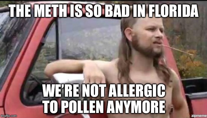 almost politically correct redneck | THE METH IS SO BAD IN FLORIDA WE’RE NOT ALLERGIC TO POLLEN ANYMORE | image tagged in almost politically correct redneck | made w/ Imgflip meme maker