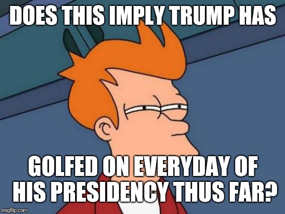 Futurama Fry Meme | DOES THIS IMPLY TRUMP HAS GOLFED ON EVERYDAY OF HIS PRESIDENCY THUS FAR? | image tagged in memes,futurama fry | made w/ Imgflip meme maker