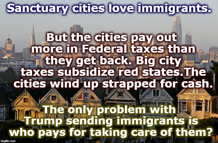 Sanctuary cities love immigrants. But the cities pay out more in Federal taxes than they get back. Big city taxes subsidize red states.The cities wind up strapped for cash. The only problem with Trump sending immigrants is who pays for taking care of them? | image tagged in sanctuary cities,immigrants,illegal immigrants,taxes | made w/ Imgflip meme maker