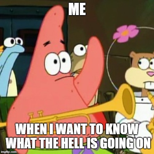 No Patrick Meme | ME; WHEN I WANT TO KNOW WHAT THE HELL IS GOING ON | image tagged in memes,no patrick | made w/ Imgflip meme maker