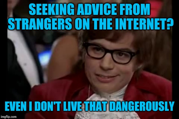 I Too Like To Live Dangerously | SEEKING ADVICE FROM STRANGERS ON THE INTERNET? EVEN I DON'T LIVE THAT DANGEROUSLY | image tagged in memes,i too like to live dangerously | made w/ Imgflip meme maker
