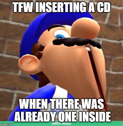 smg4's face | TFW INSERTING A CD; WHEN THERE WAS ALREADY ONE INSIDE | image tagged in smg4's face | made w/ Imgflip meme maker