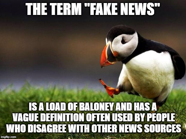 Unpopular Opinion Puffin Meme | THE TERM "FAKE NEWS"; IS A LOAD OF BALONEY AND HAS A VAGUE DEFINITION OFTEN USED BY PEOPLE WHO DISAGREE WITH OTHER NEWS SOURCES | image tagged in memes,unpopular opinion puffin | made w/ Imgflip meme maker