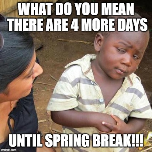Third World Skeptical Kid Meme | WHAT DO YOU MEAN THERE ARE 4 MORE DAYS; UNTIL SPRING BREAK!!! | image tagged in memes,third world skeptical kid | made w/ Imgflip meme maker