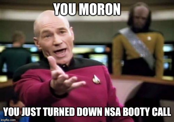 Picard Wtf Meme | YOU MORON YOU JUST TURNED DOWN NSA BOOTY CALL | image tagged in memes,picard wtf | made w/ Imgflip meme maker