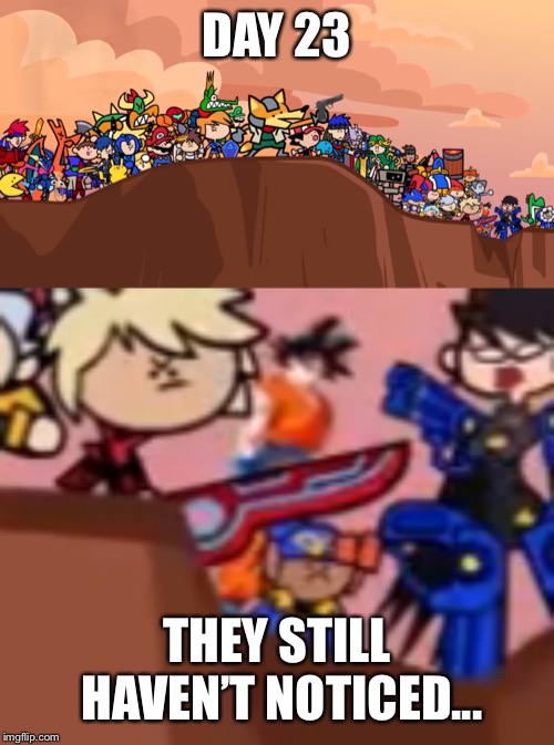 How did he get in there? | DAY 23; THEY STILL HAVEN’T NOTICED... | image tagged in smash ultimate cliffside | made w/ Imgflip meme maker