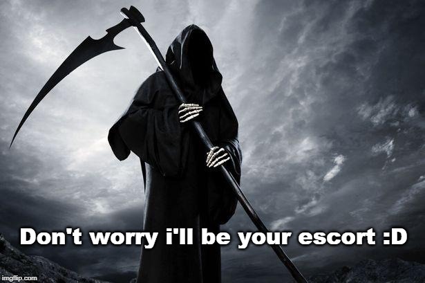 Don't worry i'll be your escort :D | image tagged in death | made w/ Imgflip meme maker