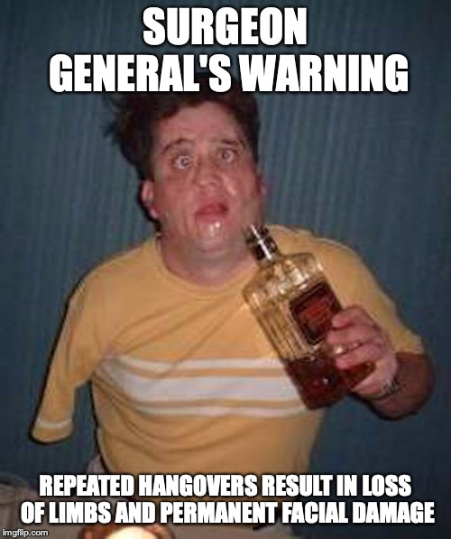 Too Much Hangovers | SURGEON GENERAL'S WARNING; REPEATED HANGOVERS RESULT IN LOSS OF LIMBS AND PERMANENT FACIAL DAMAGE | image tagged in hangover,memes,alcohol | made w/ Imgflip meme maker