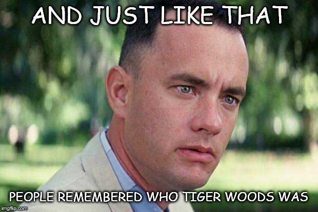 And Just Like That Meme | AND JUST LIKE THAT; PEOPLE REMEMBERED WHO TIGER WOODS WAS | image tagged in forrest gump | made w/ Imgflip meme maker