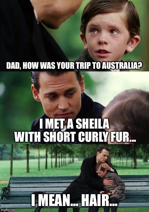 Finding Neverland Meme | DAD, HOW WAS YOUR TRIP TO AUSTRALIA? I MET A SHEILA WITH SHORT CURLY FUR... I MEAN... HAIR... | image tagged in memes,finding neverland | made w/ Imgflip meme maker