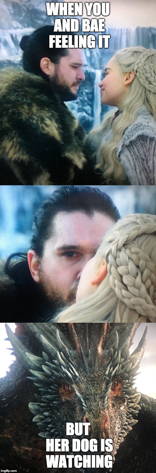 When you have that feeling someone is watching. . . | WHEN YOU AND BAE FEELING IT; BUT HER DOG IS WATCHING | image tagged in game of thrones,game of thrones laugh,y'all got any more of them game of thrones episodes,dragon,dog | made w/ Imgflip meme maker