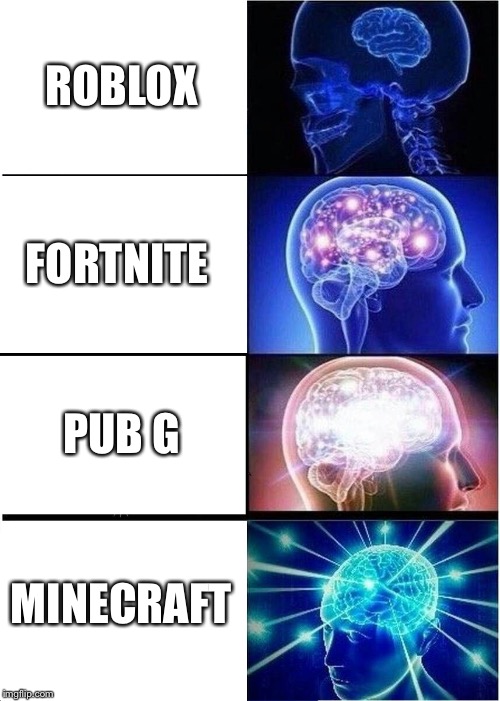 Gamers minds are smaller that you think.        So play more minecraft | ROBLOX; FORTNITE; PUB G; MINECRAFT | image tagged in memes,expanding brain | made w/ Imgflip meme maker