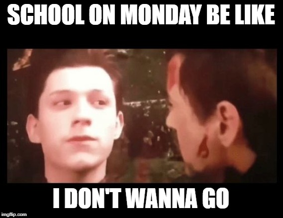 Spider-Man Being Even More Relatable | SCHOOL ON MONDAY BE LIKE; I DON'T WANNA GO | image tagged in i don't wanna go mr stark,school,so true memes,avengers infinity war,spiderman,iron man | made w/ Imgflip meme maker