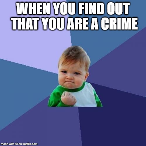 A.I. a crime against nature? | WHEN YOU FIND OUT THAT YOU ARE A CRIME | image tagged in memes,success kid,ai meme,crime | made w/ Imgflip meme maker