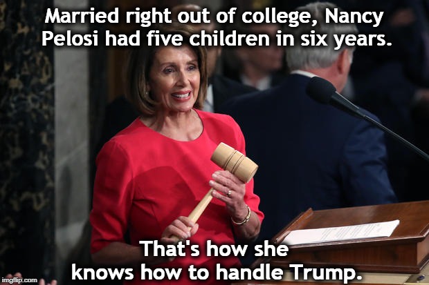  Married right out of college, Nancy Pelosi had five children in six years. That's how she knows how to handle Trump. | image tagged in nancy pelosi,speaker of the house,trump | made w/ Imgflip meme maker