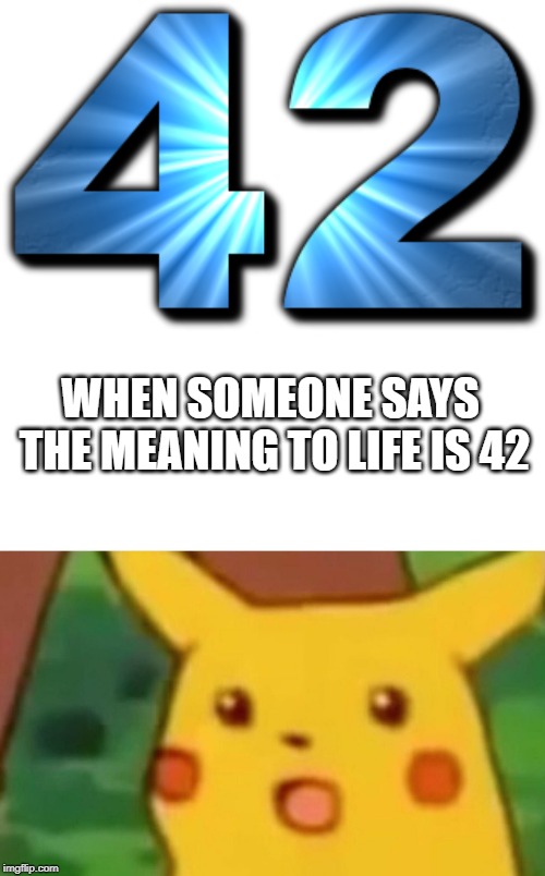 WHEN SOMEONE SAYS THE MEANING TO LIFE IS 42 | image tagged in memes,surprised pikachu | made w/ Imgflip meme maker