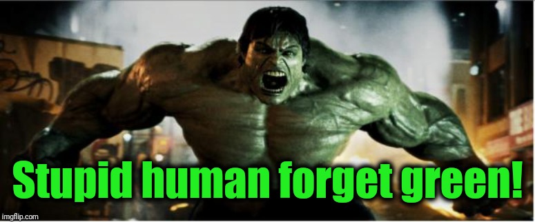 Hulk Smash | Stupid human forget green! | image tagged in hulk smash | made w/ Imgflip meme maker