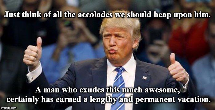 What is that obnoxious sucking sound? | Just think of all the accolades we should heap upon him. A man who exudes this much awesome, certainly has earned a lengthy and permanent vacation. | image tagged in insults | made w/ Imgflip meme maker