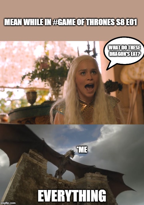 MEAN WHILE IN #GAME OF THRONES S8 E01; WHAT DO THESE DRAGON'S EAT? *ME; EVERYTHING | image tagged in where are my dragons,game of thrones,daenerys targaryen,daenerys,what dragons eat,dragon | made w/ Imgflip meme maker