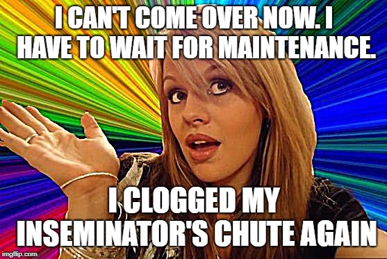 Who Says Blond's Are Dirty? | I CAN'T COME OVER NOW. I HAVE TO WAIT FOR MAINTENANCE. I CLOGGED MY INSEMINATOR'S CHUTE AGAIN | image tagged in dumb blonde,wrong,help,idiots,stupid people,freudian slip | made w/ Imgflip meme maker