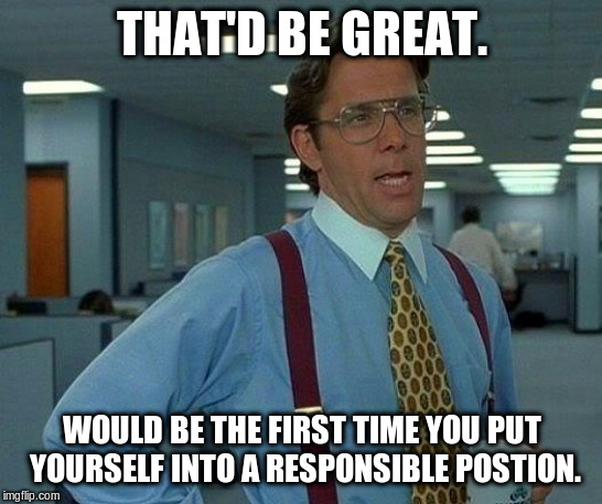 That Would Be Great Meme | THAT'D BE GREAT. WOULD BE THE FIRST TIME YOU PUT YOURSELF INTO A RESPONSIBLE POSTION. | image tagged in memes,that would be great | made w/ Imgflip meme maker