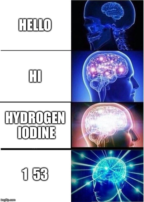 Hydrogen Iodine | HELLO; HI; HYDROGEN IODINE; 1  53 | image tagged in memes,expanding brain,che,chemistry | made w/ Imgflip meme maker