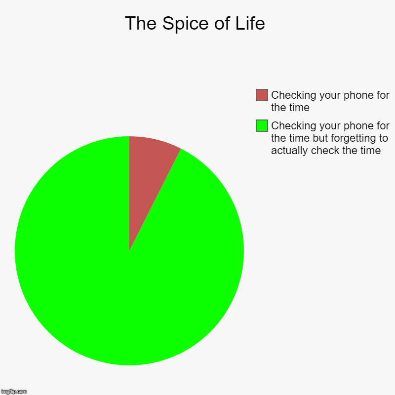 Every time | The Spice of Life | Checking your phone for the time but forgetting to actually check the time, Checking your phone for the time | image tagged in charts,pie charts,first world problems | made w/ Imgflip chart maker
