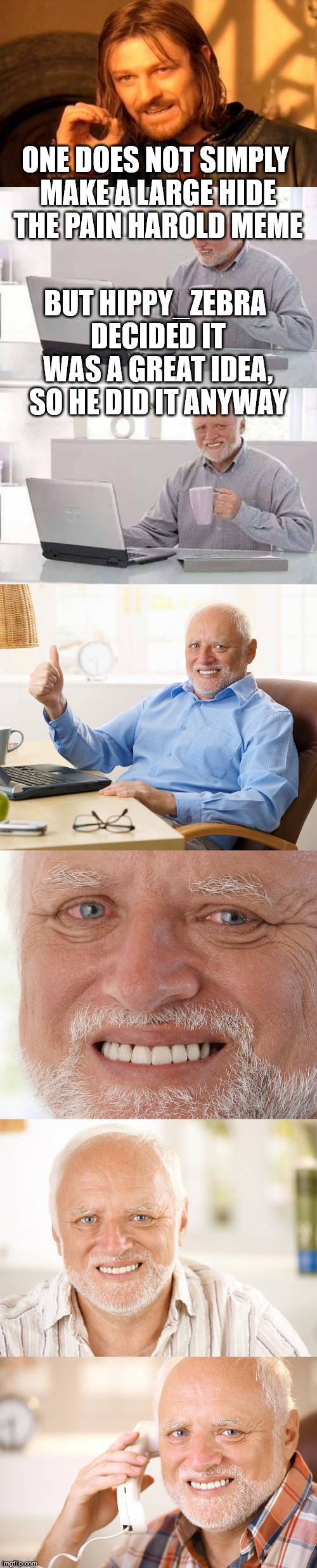 hide the pain harold | ONE DOES NOT SIMPLY MAKE A LARGE HIDE THE PAIN HAROLD MEME; BUT HIPPY_ZEBRA DECIDED IT WAS A GREAT IDEA, SO HE DID IT ANYWAY | image tagged in memes,one does not simply,hide the pain harold,hide the pain harold phone,awkward smiling old man | made w/ Imgflip meme maker