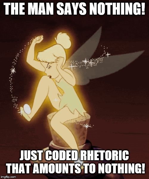 tinkerbell angry | THE MAN SAYS NOTHING! JUST CODED RHETORIC THAT AMOUNTS TO NOTHING! | image tagged in tinkerbell angry | made w/ Imgflip meme maker