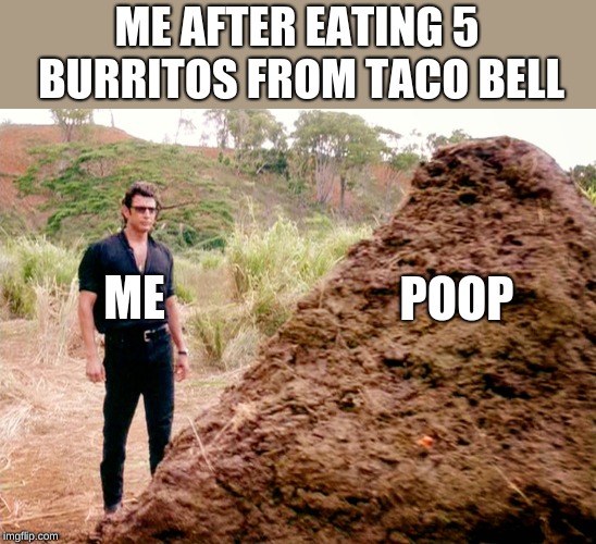 Memes, Poop, Jurassic Park | ME AFTER EATING 5 BURRITOS FROM TACO BELL; POOP; ME | image tagged in memes poop jurassic park | made w/ Imgflip meme maker