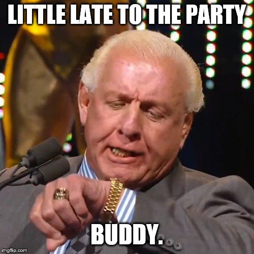 RIC FLAIR LOOKS AT WATCH | LITTLE LATE TO THE PARTY BUDDY. | image tagged in ric flair looks at watch | made w/ Imgflip meme maker