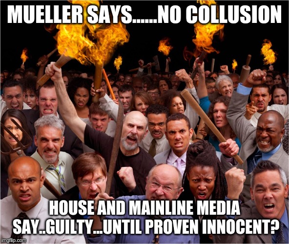 Angry mob | MUELLER SAYS......NO COLLUSION; HOUSE AND MAINLINE MEDIA SAY..GUILTY...UNTIL PROVEN INNOCENT? | image tagged in angry mob | made w/ Imgflip meme maker