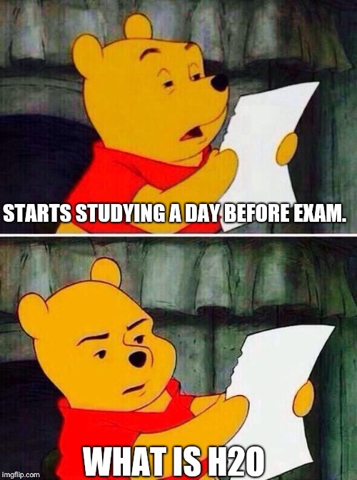 Pooh bear | STARTS STUDYING A DAY BEFORE EXAM. WHAT IS H2O | image tagged in pooh bear | made w/ Imgflip meme maker